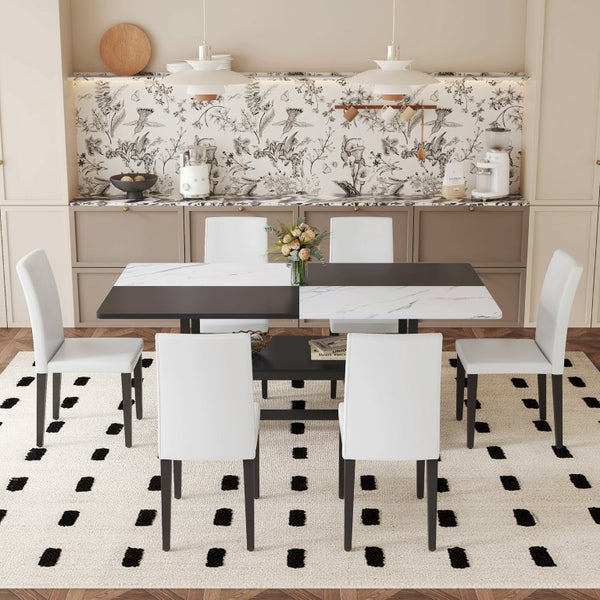 English Elm Table and Chair Set Seven Piece Rectangular Dining with Storage Shelf and PU Leather Seats White+Black 6 Chairs - Simple W1151S03511