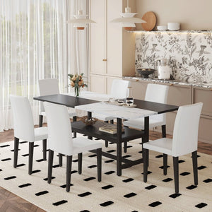English Elm Table and Chair Set Seven Piece Rectangular Dining with Storage Shelf and PU Leather Seats White+Black 6 Chairs - Simple W1151S03511