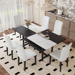 English Elm Table and Chair Set Seven Piece Rectangular Dining with Storage Shelf and PU Leather Seats White+Black 6 Chairs - Simple W1151S03511