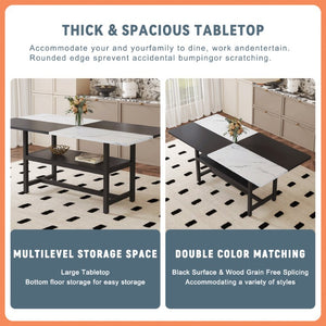 English Elm Table and Chair Set Seven Piece Rectangular Dining with Storage Shelf and PU Leather Seats White+Black 6 Chairs - Simple W1151S03511