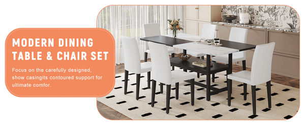 English Elm Table and Chair Set Seven Piece Rectangular Dining with Storage Shelf and PU Leather Seats White+Black 6 Chairs - Simple W1151S03511