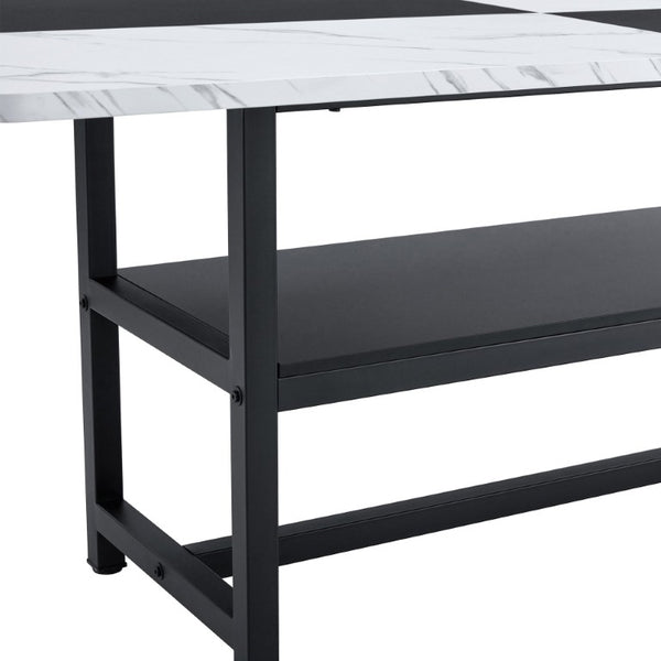 English Elm Table and Chair Set Seven Piece Rectangular Dining with Storage Shelf and PU Leather Seats White+Black 8 Chairs - Simple W1151S03512