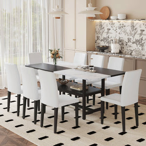 English Elm Table and Chair Set Two-tone Mdf Top Seats 8 with Built-in Shelf Modern Dining White+Black W1151S03512