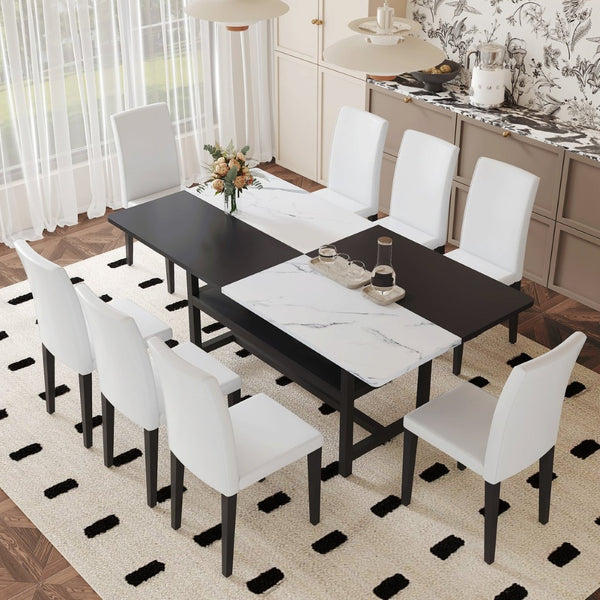 English Elm Table and Chair Set Two-tone Mdf Top Seats 8 with Built-in Shelf Modern Dining White+Black W1151S03512