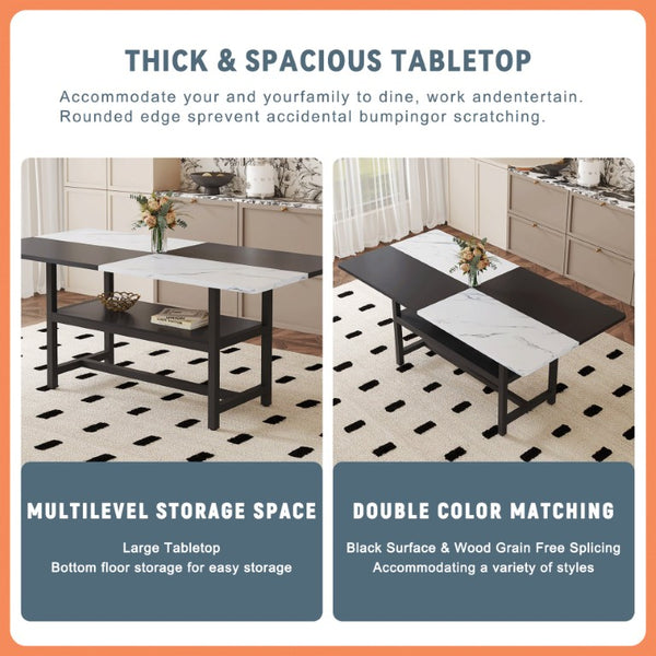 English Elm Table and Chair Set Seven Piece Rectangular Dining with Storage Shelf and PU Leather Seats White+Black 8 Chairs - Simple W1151S03512