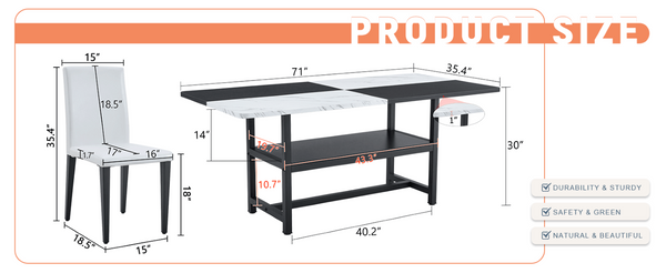 English Elm Table and Chair Set Seven Piece Rectangular Dining with Storage Shelf and PU Leather Seats White+Black 8 Chairs - Simple W1151S03512