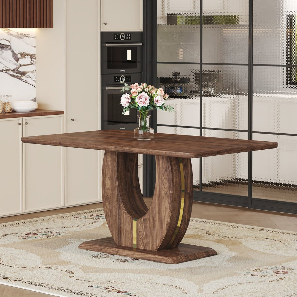 English Elm Modern Walnut Grain Mdf Dining Table with U-shaped Legs and Gold Steel Accents W1151S03679