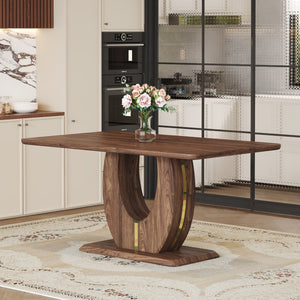 English Elm Modern Walnut Grain Mdf Dining Table with U-shaped Legs and Gold Steel Accents W1151S03679