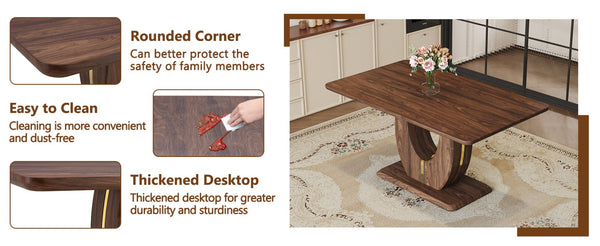 English Elm Modern Walnut Grain Mdf Dining Table with U-shaped Legs and Gold Steel Accents W1151S03679