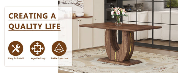 English Elm Modern Walnut Grain Mdf Dining Table with U-shaped Legs and Gold Steel Accents W1151S03679