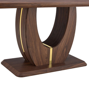 English Elm Modern Walnut Grain Mdf Dining Table with U-shaped Legs and Gold Steel Accents W1151S03679