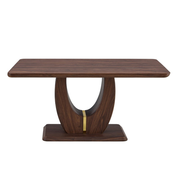 English Elm Modern Walnut Grain Mdf Dining Table with U-shaped Legs and Gold Steel Accents W1151S03679