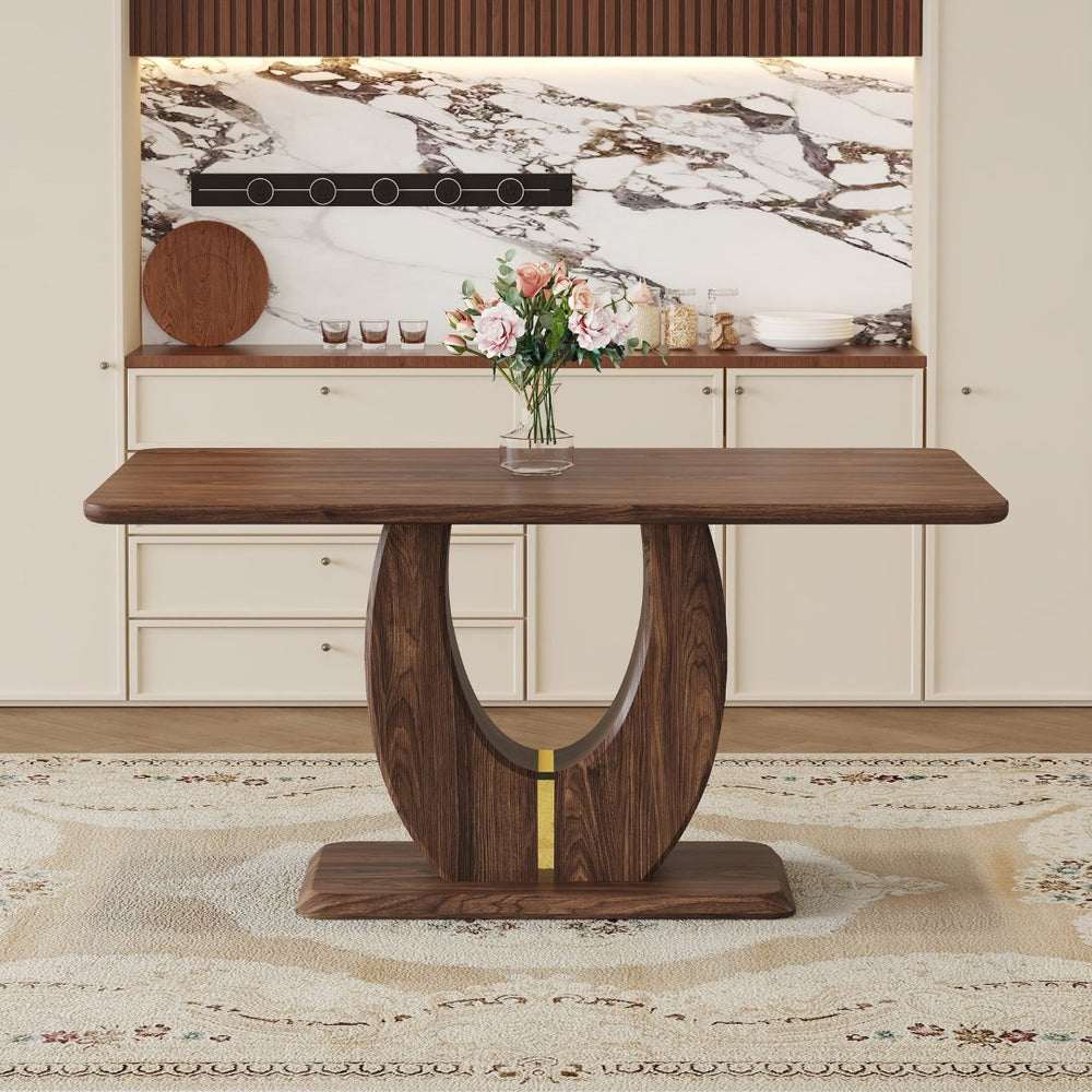 English Elm Modern Walnut Grain Mdf Dining Table with U-shaped Legs and Gold Steel Accents W1151S03679