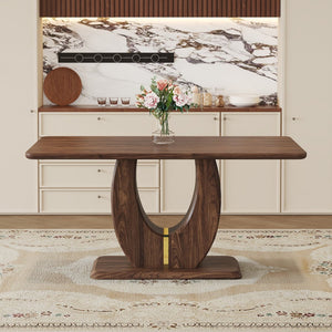 English Elm Modern Walnut Grain Mdf Dining Table with U-shaped Legs and Gold Steel Accents W1151S03679