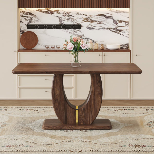 English Elm Modern Walnut Grain Mdf Dining Table with U-shaped Legs and Gold Steel Accents W1151S03679
