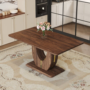 English Elm Modern Walnut Grain Mdf Dining Table with U-shaped Legs and Gold Steel Accents W1151S03679