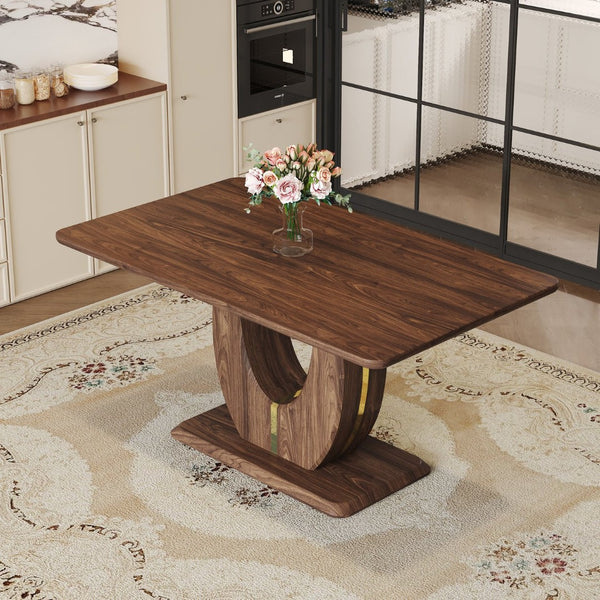 English Elm Modern Walnut Grain Mdf Dining Table with U-shaped Legs and Gold Steel Accents W1151S03679