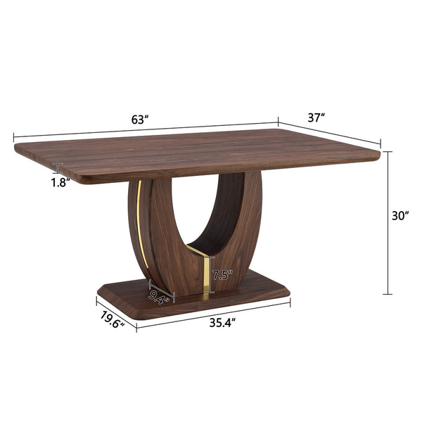 English Elm Modern Walnut Grain Mdf Dining Table with U-shaped Legs and Gold Steel Accents W1151S03679