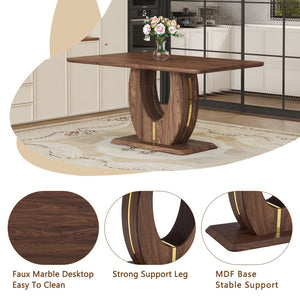 English Elm Modern Walnut Grain Mdf Dining Table with U-shaped Legs and Gold Steel Accents W1151S03679