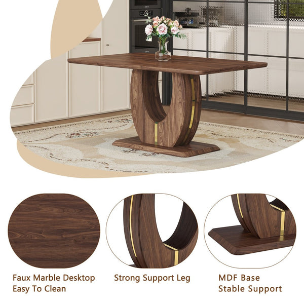 English Elm Modern Walnut Grain Mdf Dining Table with U-shaped Legs and Gold Steel Accents W1151S03679