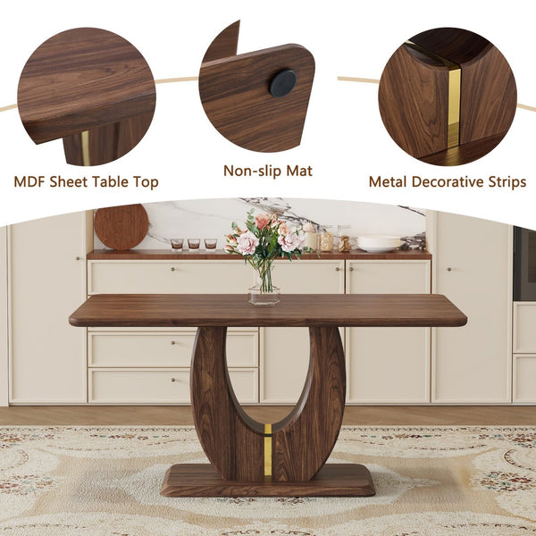English Elm Modern Walnut Grain Mdf Dining Table with U-shaped Legs and Gold Steel Accents W1151S03679