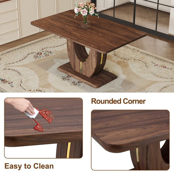 English Elm Modern Walnut Grain Mdf Dining Table with U-shaped Legs and Gold Steel Accents W1151S03679