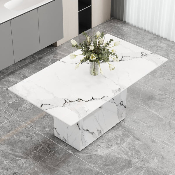 English Elm A Marble Look Rectangular Dining Table Seats Six with Geometric Base for Modern Kitchens W1151S03744