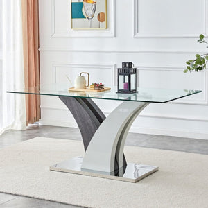 English Elm Modern Tempered Glass Dining Table with Sculptural MDF Base Seats Six in Style W1151S03748