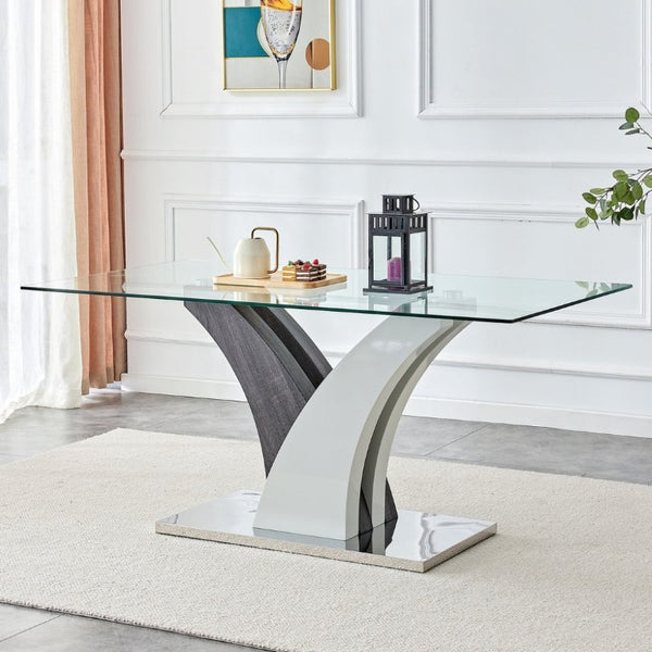 English Elm Modern Tempered Glass Dining Table with Sculptural MDF Base Seats Six in Style W1151S03748