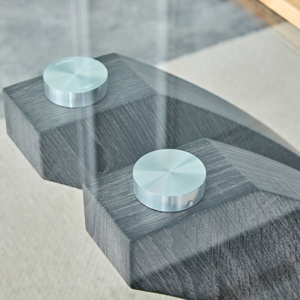 English Elm Modern Tempered Glass Dining Table with Sculptural MDF Base Seats Six in Style W1151S03748