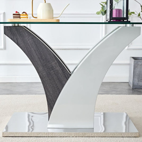 English Elm Modern Tempered Glass Dining Table with Sculptural MDF Base Seats Six in Style W1151S03748