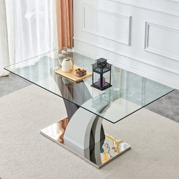 English Elm Modern Tempered Glass Dining Table with Sculptural MDF Base Seats Six in Style W1151S03748