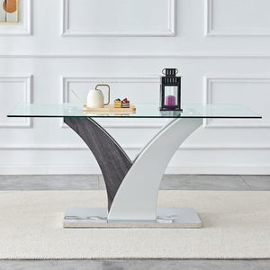 English Elm Modern Tempered Glass Dining Table with Sculptural MDF Base Seats Six in Style W1151S03748