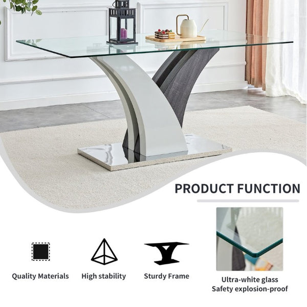 English Elm Modern Tempered Glass Dining Table with Sculptural MDF Base Seats Six in Style W1151S03748