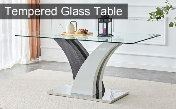 English Elm Modern Tempered Glass Dining Table with Sculptural MDF Base Seats Six in Style W1151S03748