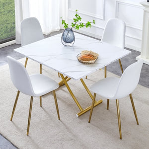 English Elm Table and Chair Set Height Adjustable Mdf Top Gold Legs Linen Dining for Studio W1151S03773