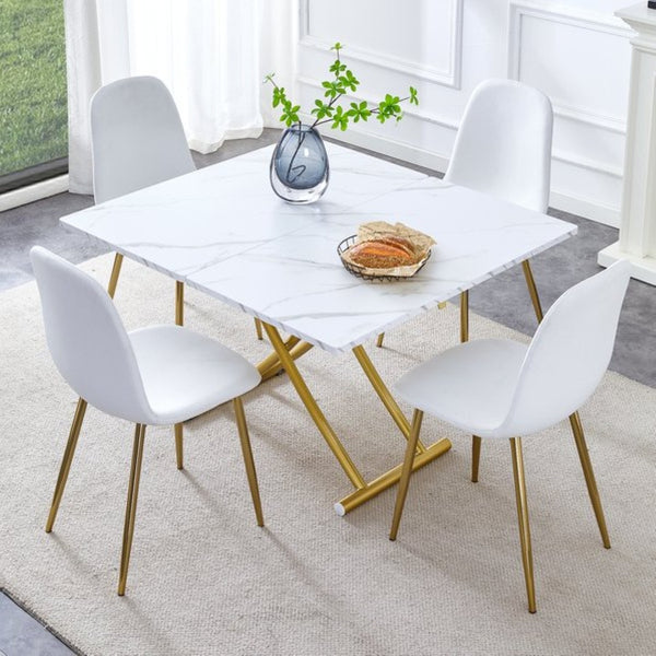 English Elm Table and Chair Set Height Adjustable Mdf Top Gold Legs Linen Dining for Studio W1151S03773