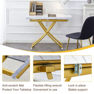 English Elm Table and Chair Set Height Adjustable Mdf Top Gold Legs Linen Dining for Studio W1151S03773