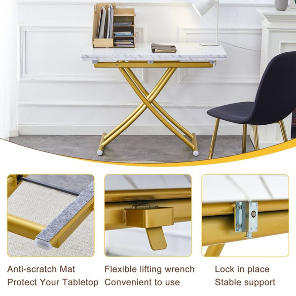 English Elm Table and Chair Set Height Adjustable Mdf Top Gold Legs Linen Dining for Studio W1151S03773