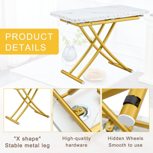 English Elm Table and Chair Set Height Adjustable Mdf Top Gold Legs Linen Dining for Studio W1151S03773
