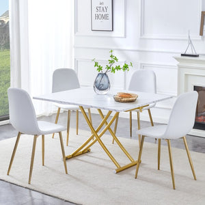 English Elm Table and Chair Set Height Adjustable Mdf Top Gold Legs Linen Dining for Studio W1151S03773