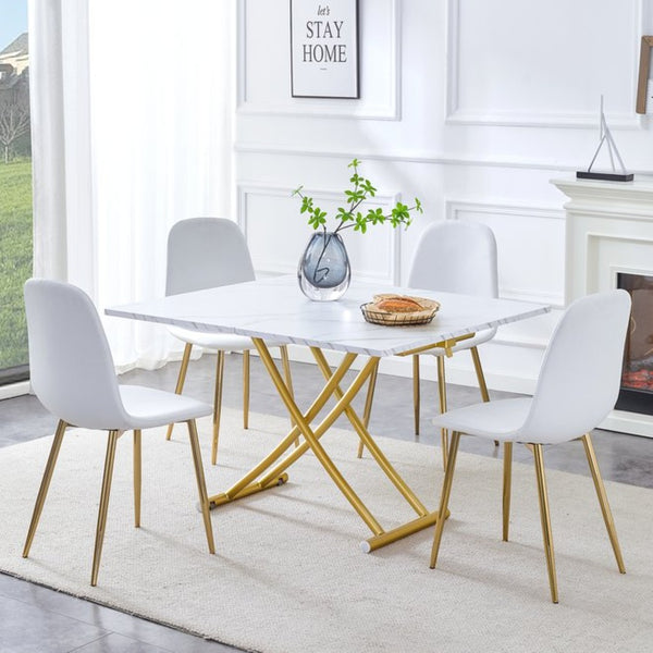 English Elm Table and Chair Set Height Adjustable Mdf Top Gold Legs Linen Dining for Studio W1151S03773