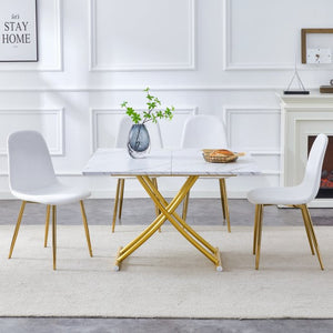 English Elm Table and Chair Set Height Adjustable Mdf Top Gold Legs Linen Dining for Studio W1151S03773