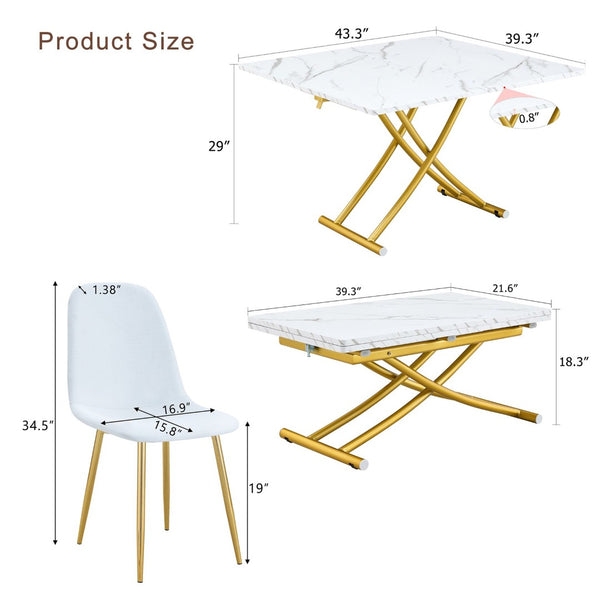 English Elm Table and Chair Set Height Adjustable Mdf Top Gold Legs Linen Dining for Studio W1151S03773