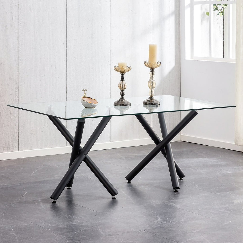 English Elm Large Tempered Glass Rectangular Dining Table Seats Eight with Slim Black Metal Legs W1151S03829