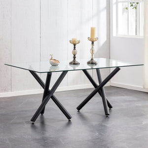 English Elm Large Tempered Glass Rectangular Dining Table Seats Eight with Slim Black Metal Legs W1151S03829