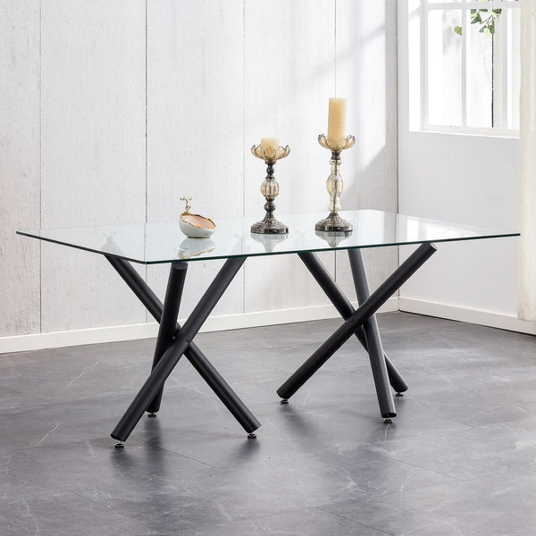 English Elm Large Tempered Glass Rectangular Dining Table Seats Eight with Slim Black Metal Legs W1151S03829
