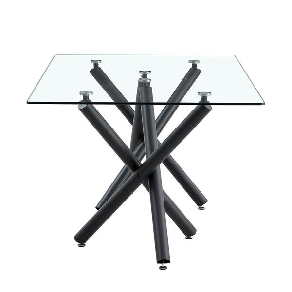 English Elm Large Tempered Glass Rectangular Dining Table Seats Eight with Slim Black Metal Legs W1151S03829