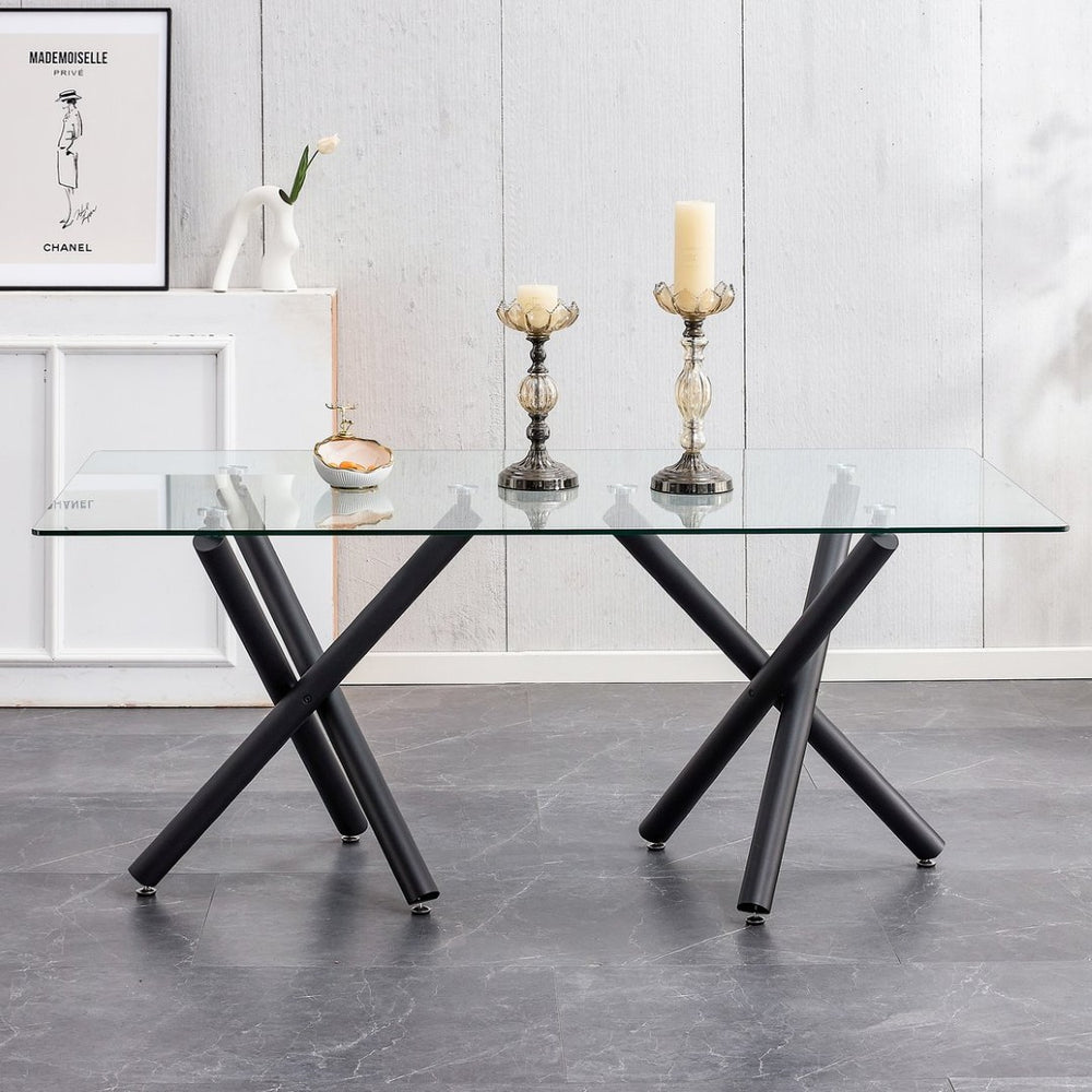 English Elm Large Tempered Glass Rectangular Dining Table Seats Eight with Slim Black Metal Legs W1151S03829