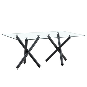 English Elm Large Tempered Glass Rectangular Dining Table Seats Eight with Slim Black Metal Legs W1151S03829